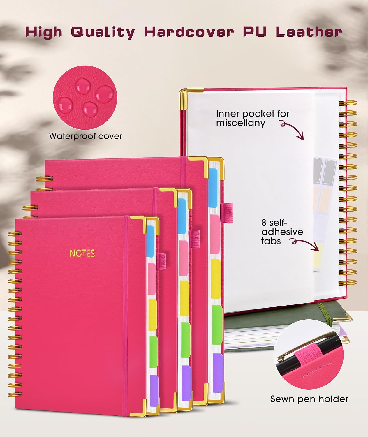 Hardcover Spiral Notebook journal with Removable Dividers Tabs, 300 Pages Leather 5 Subject Notebook College Ruled, 8"x10" Large B5 Notebooks for Work School Note taking, Lined Journal for Women,Black