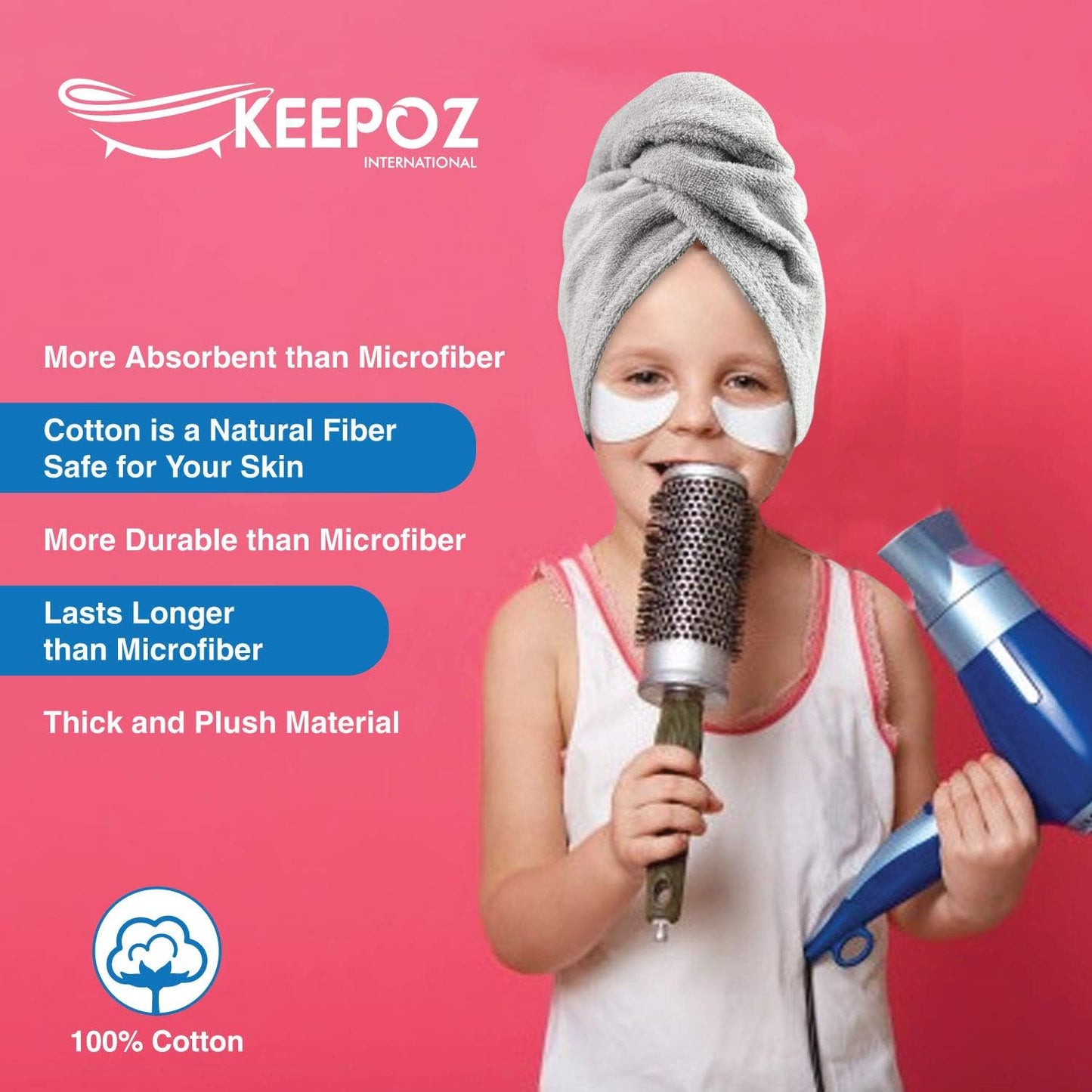 KEEPOZ 100% Cotton Hair Towel Wrap Quick Dry Super Absorbent Turban Head Wrap for Women with Button, Anti Frizz, Hair Cap for Curly, Long & Thick Hair (White, 1 Pc)