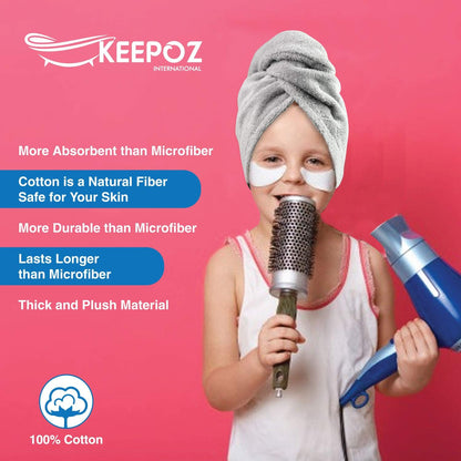 KEEPOZ 100% Cotton Hair Towel Wrap Quick Dry Super Absorbent Turban Head Wrap for Women with Button, Anti Frizz, Hair Cap for Curly, Long & Thick Hair (White, 1 Pc)