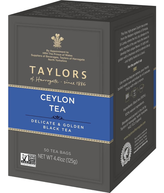 Taylors of Harrogate Pure Ceylon, Black Tea, Pillow Bags, 50 Count (Pack of 6), Bold, Bright, & Brisk, Caffeinated, Enjoy Hot or Iced, 300 Teabags Total