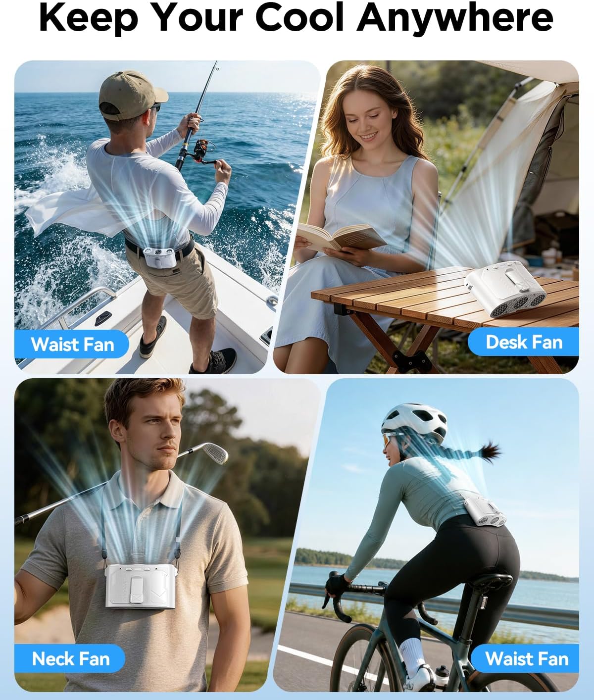 Portable Waist Fan, 16000RPM 3-Head Belt Clip Fan with 8000mAh Battery, 100 Speeds, 10m/s Strong Wind, Flashlight, Rechargeable Under Shirt Fan for Outdoor Jobsite Camping Travel Black