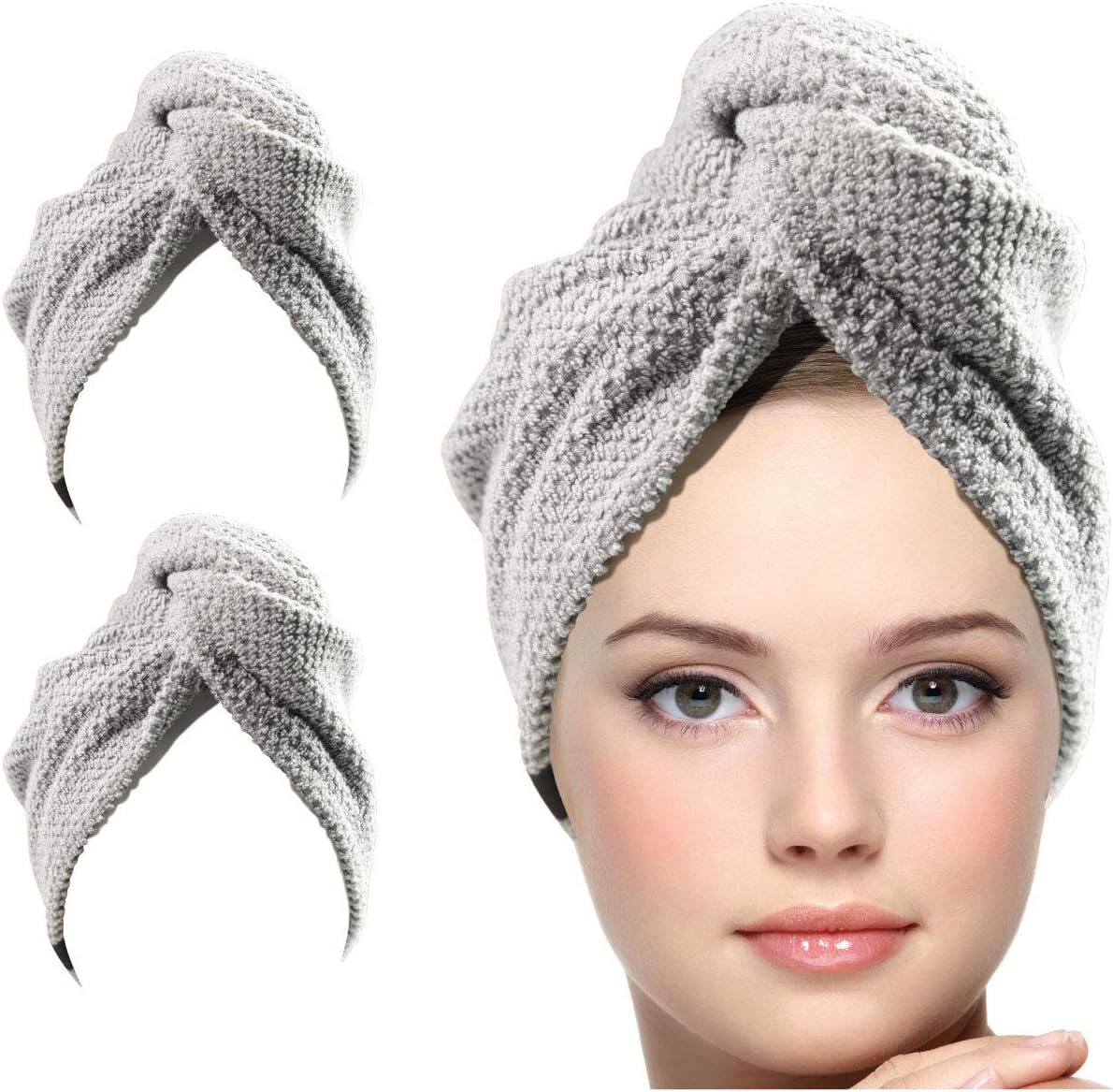 KEEPOZ 100% Cotton Hair Towel Wrap Quick Dry Super Absorbent Turban Head Wrap for Women with Button, Anti Frizz, Hair Cap for Curly, Long & Thick Hair (White, 1 Pc)