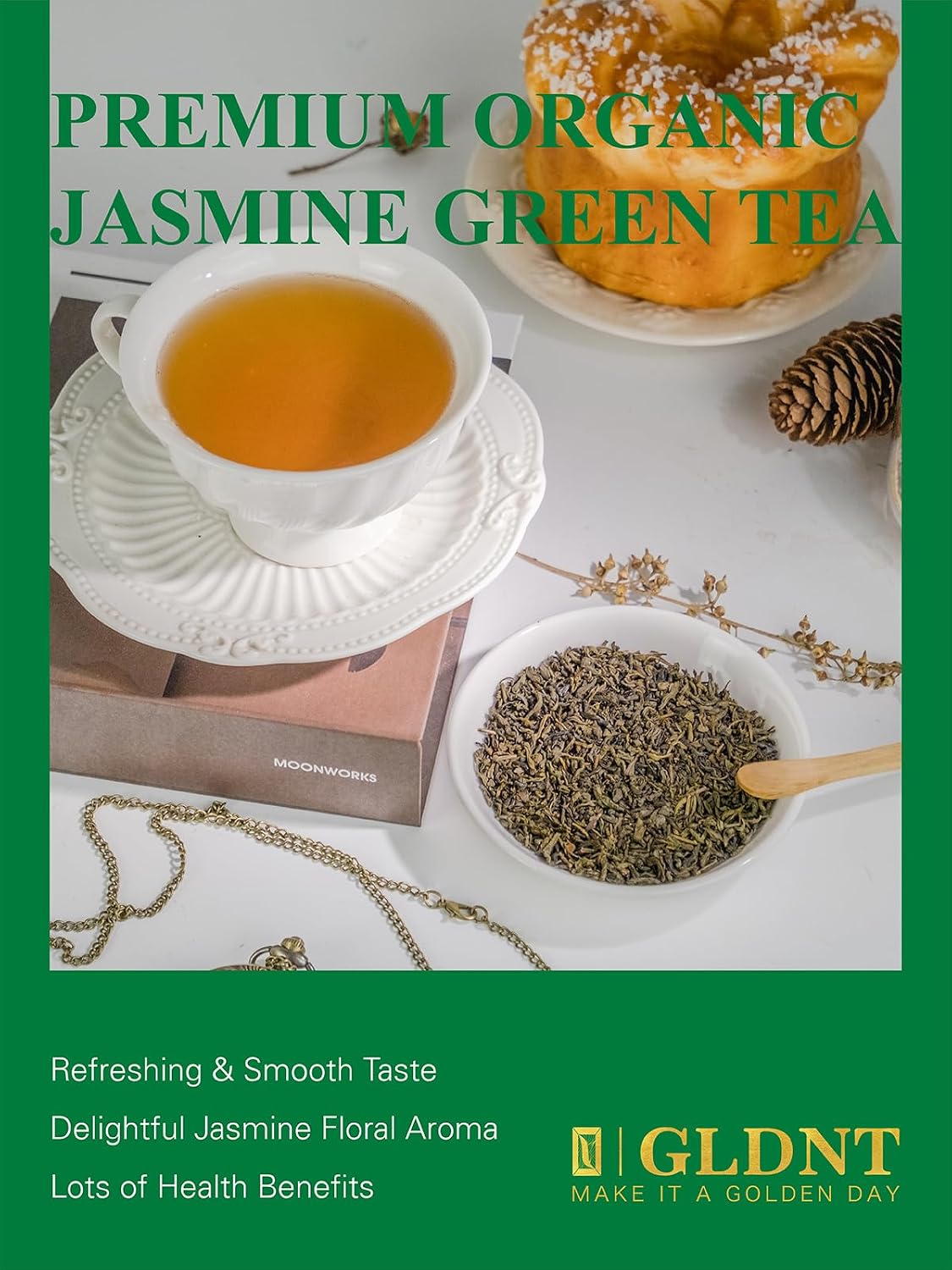 GLDNT Organic Jasmine Green Tea, Loose Leaf, Delicate Smooth Flavor, 16oz