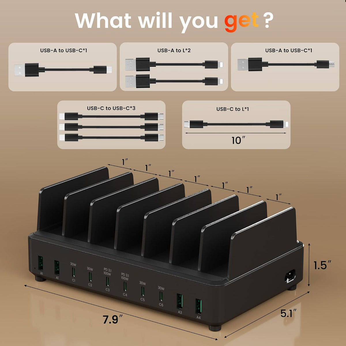 400W Charging Station for Multiple Devices, USB C Charger Organizer Dock