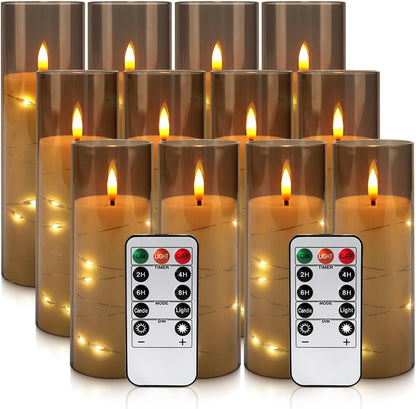 24 Pcs LED Flameless Candles with Remote, 3D Flickering Flame & LED String Lights, Acrylic Clear Cylinder, Timer Function, Romantic Ambience for Home Decor, Party, Wedding (Ivory).