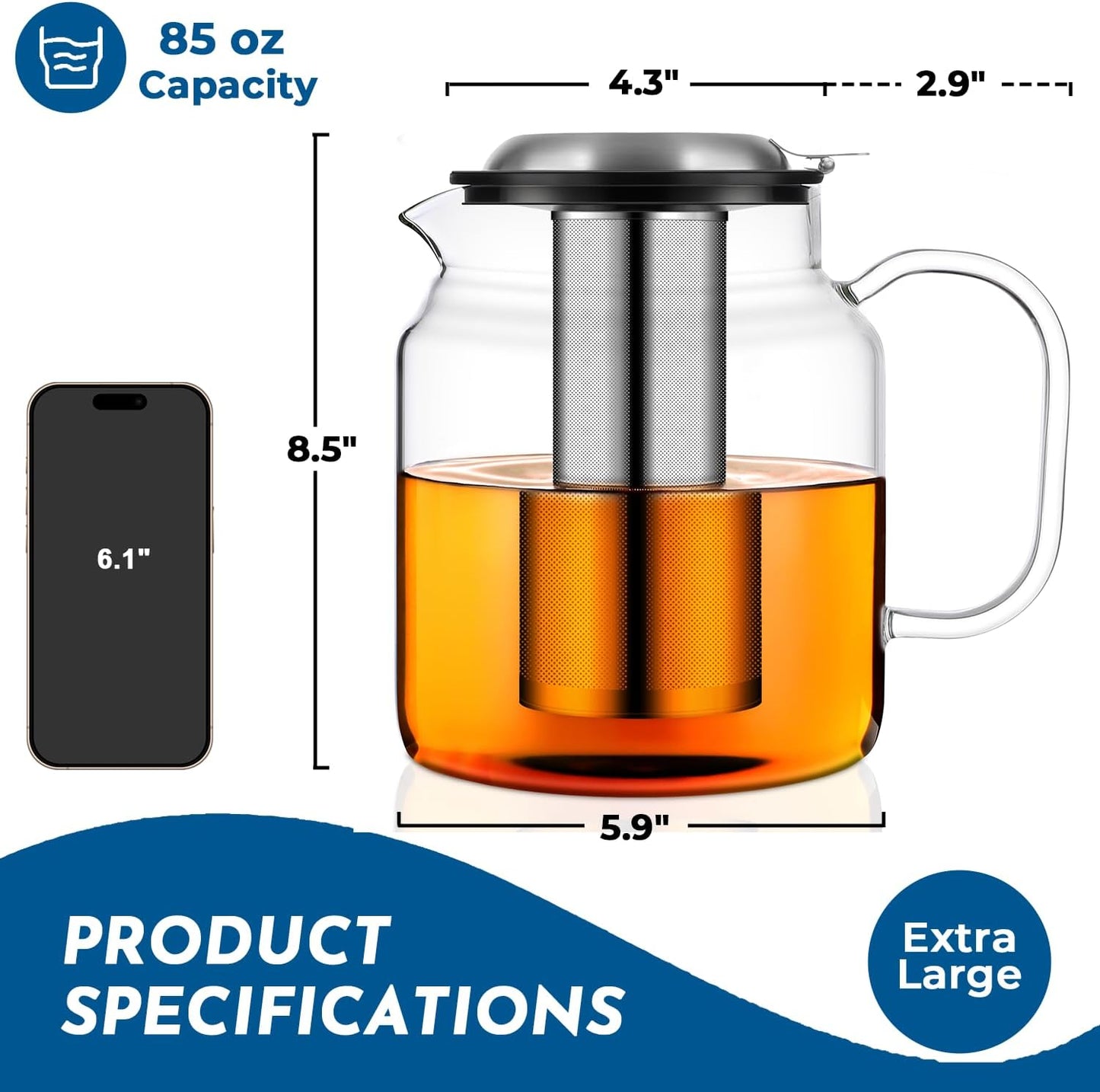 Aquach 51oz Glass Teapot with Infuser, Stovetop Safe Borosilicate Tea Pot | Dishwasher Safe, Plastic-free, Precise Loose Leaf Filter, Easy-clean Opening, Sharing Capacity