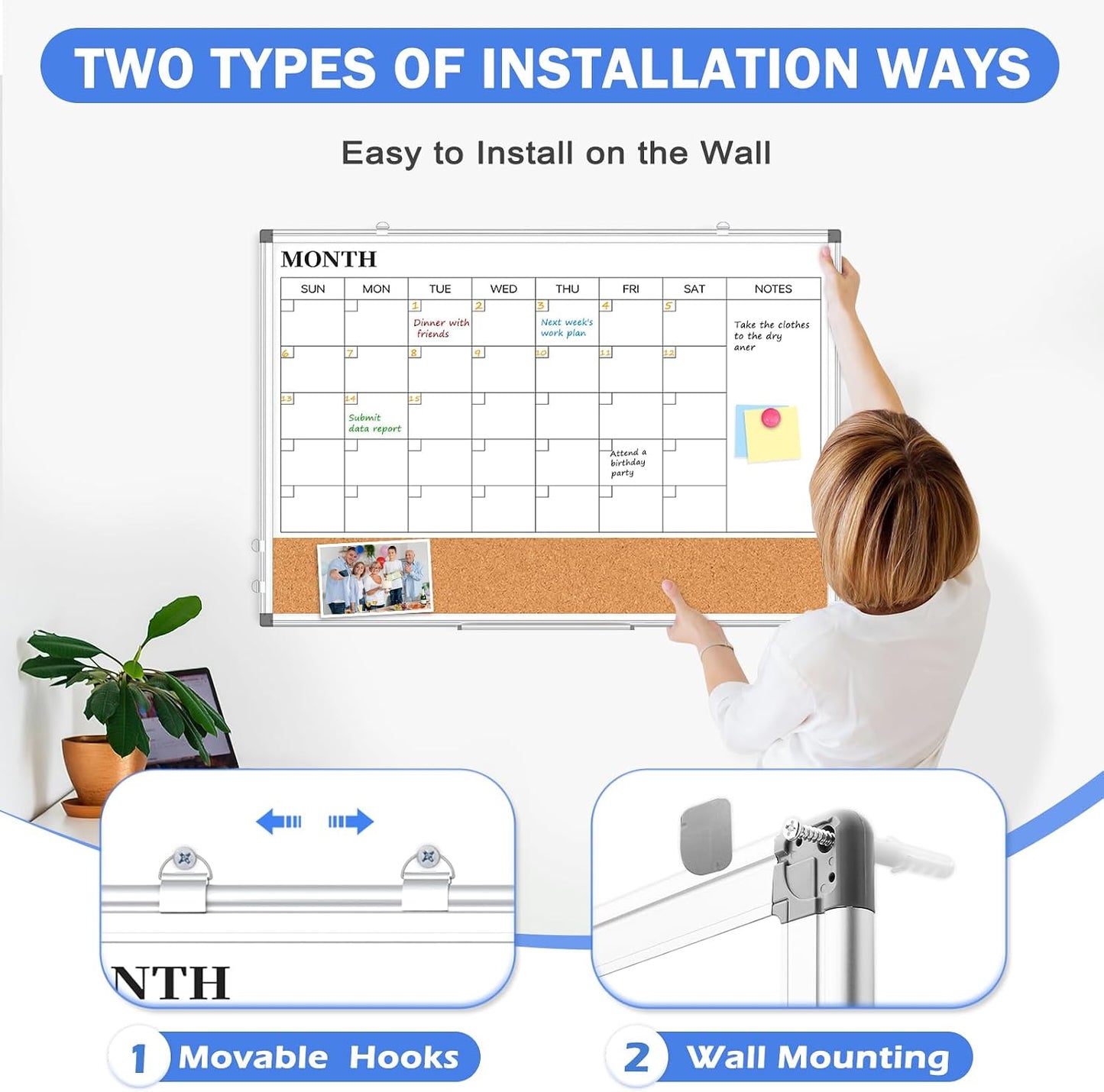 Weekly Dry Erase Calendar Whiteboard for Wall, 24" x 18" Cork Week Planner