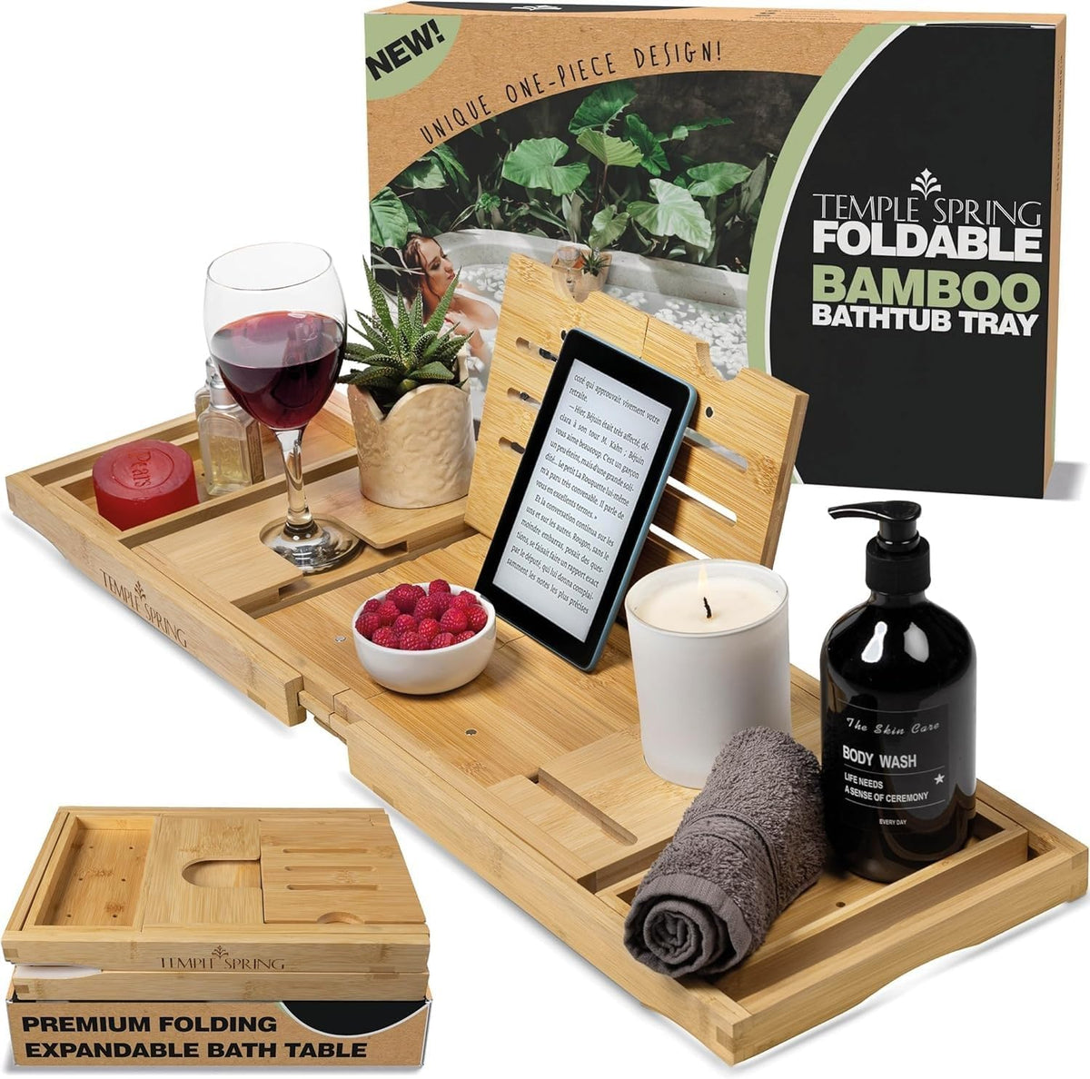 Temple Spring Bamboo Bathtub Tray Caddy for Tub — Expandable Wood Bath Tray with Solid Book Stand Wine Holder and Non-Slip Pads — Includes Bamboo Soap Dish and Spa Accessories — Luxury Bath Gift Set