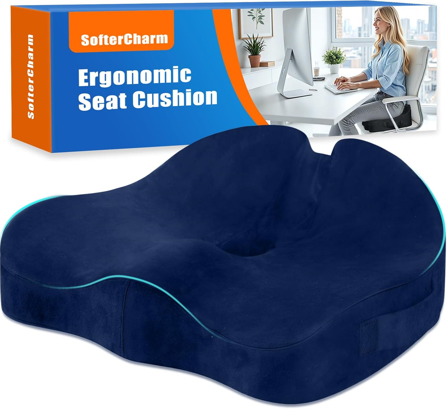 Ergonomic Seat Cushion for Office Chair, Memory Foam Coccyx Cushion for Tailbone Pain Relief, Non-Slip Washable Cover, Pressure Relief Chair Pad for Office, Car, Wheelchair & Home Black