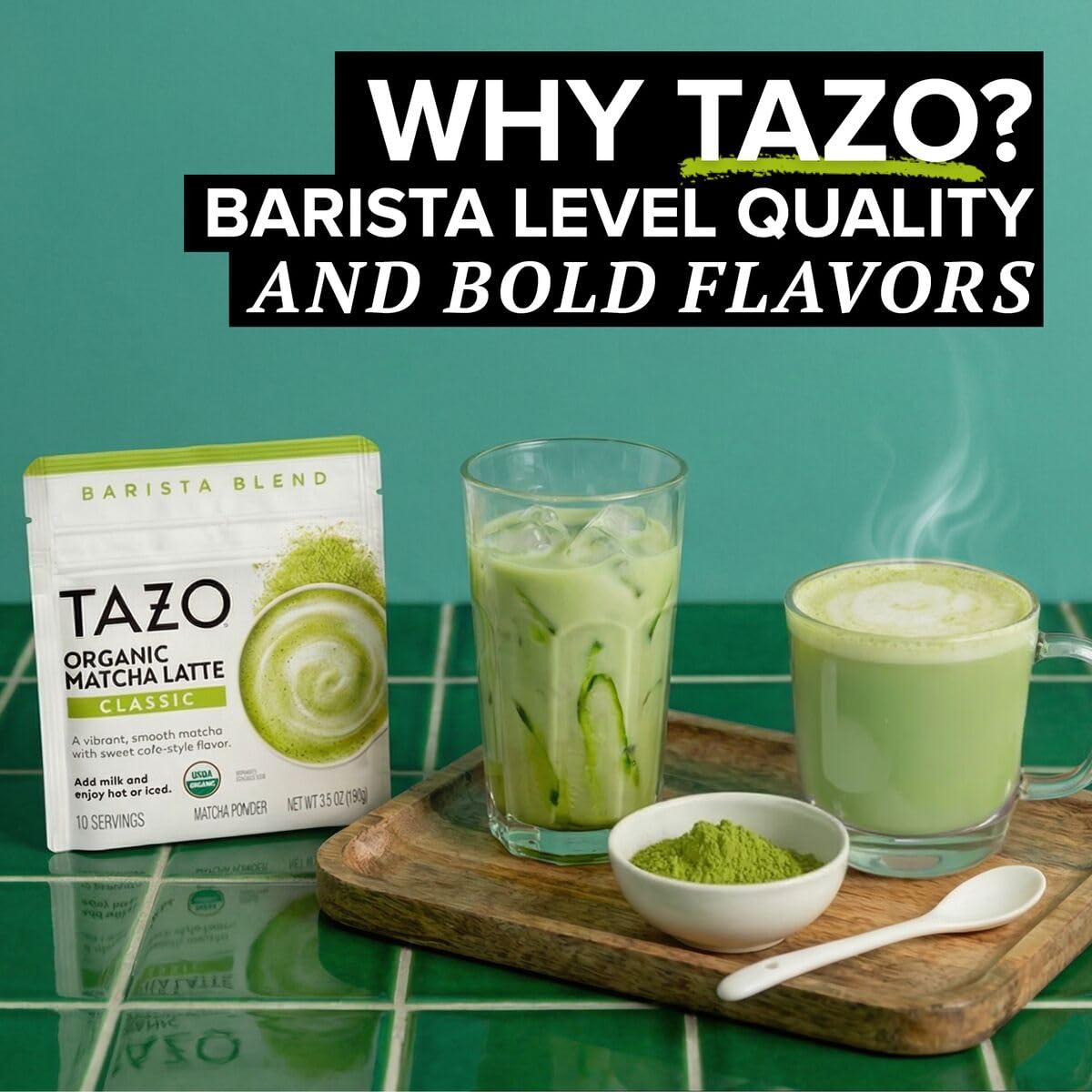 TAZO Organic Classic Matcha Latte Powder, Café Style Matcha Latte Mix, Easy Hot or Iced Matcha Latte, Sweetened with Organic Sugar and Matcha Powder, 10 Servings, 3.5 oz Pouch