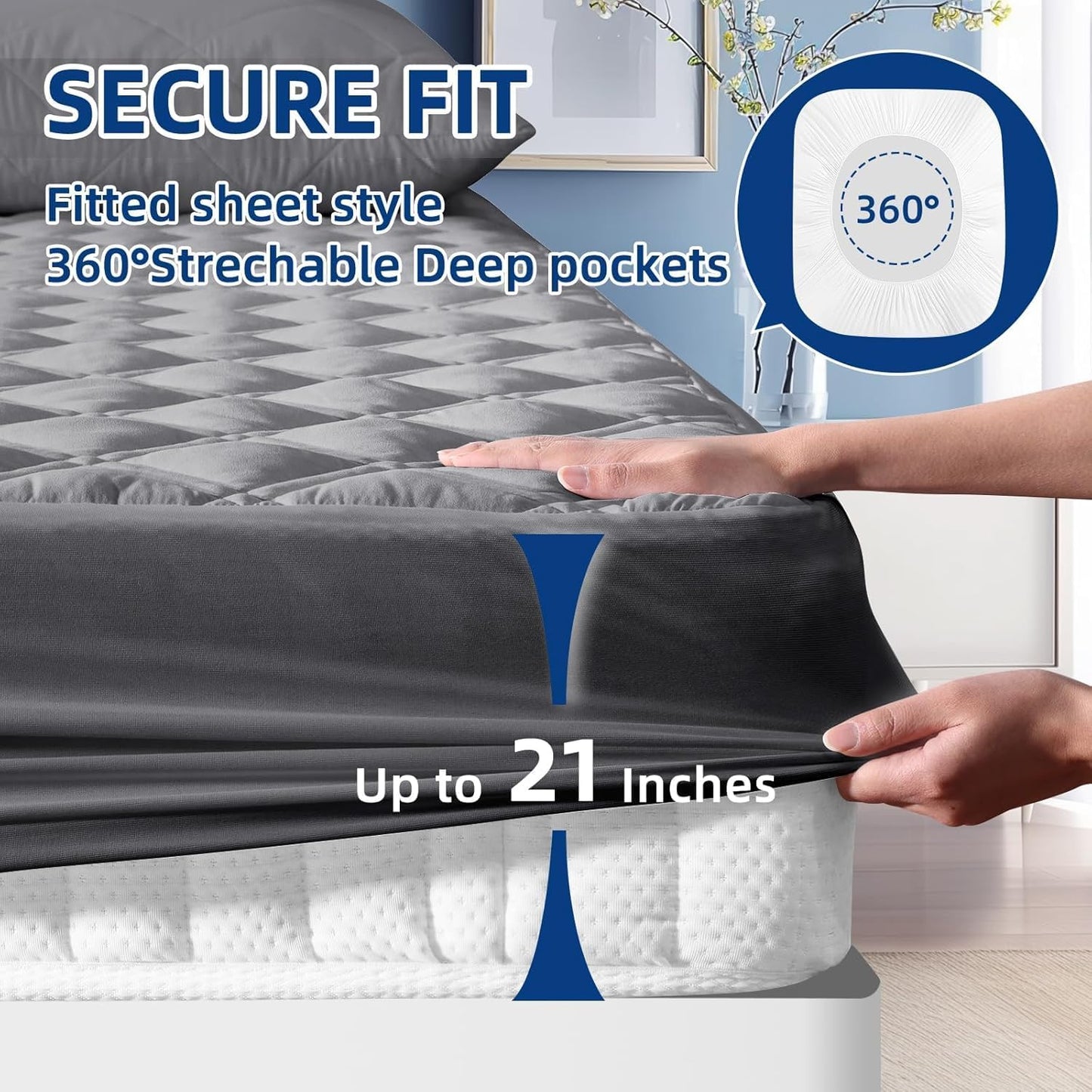 Queen Mattress Protector Waterproof, Mattress Pad Fitted Deep Pocket 8"-21"