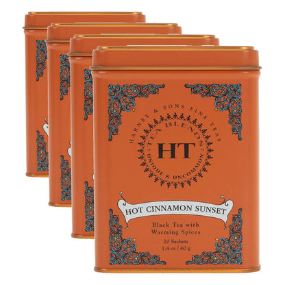 Harney & Sons Black Tea, 20 Sachets, Pack of 4 | Hot Cinnamon Sunset | Caffeinated | Orange and Cloves | Tin Packaging