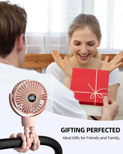 Portable Stroller Mini Fan, Small Rechargeable Personal Fan, Baby Travel Essentials for Wagon, Car Seat, Treadmill, Battery Powered Biking Gear Accessories, 360° Rotation, 3-Speed, Display, Black
