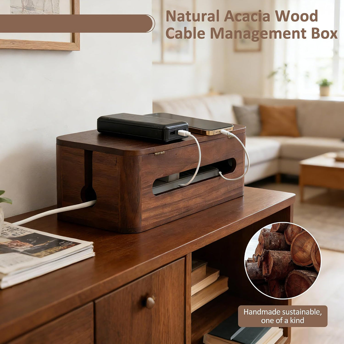 Large Acacia Wood Cable Management Box - Cord Hider&Organizer for TV Wires