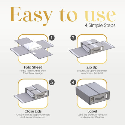 Sheet Organizers and Storage – 4 Pack Bed Sheet Organizer for Queen & King Size, Foldable Linen Closet Storage for Bedding, Duvet Covers, and Pillowcases