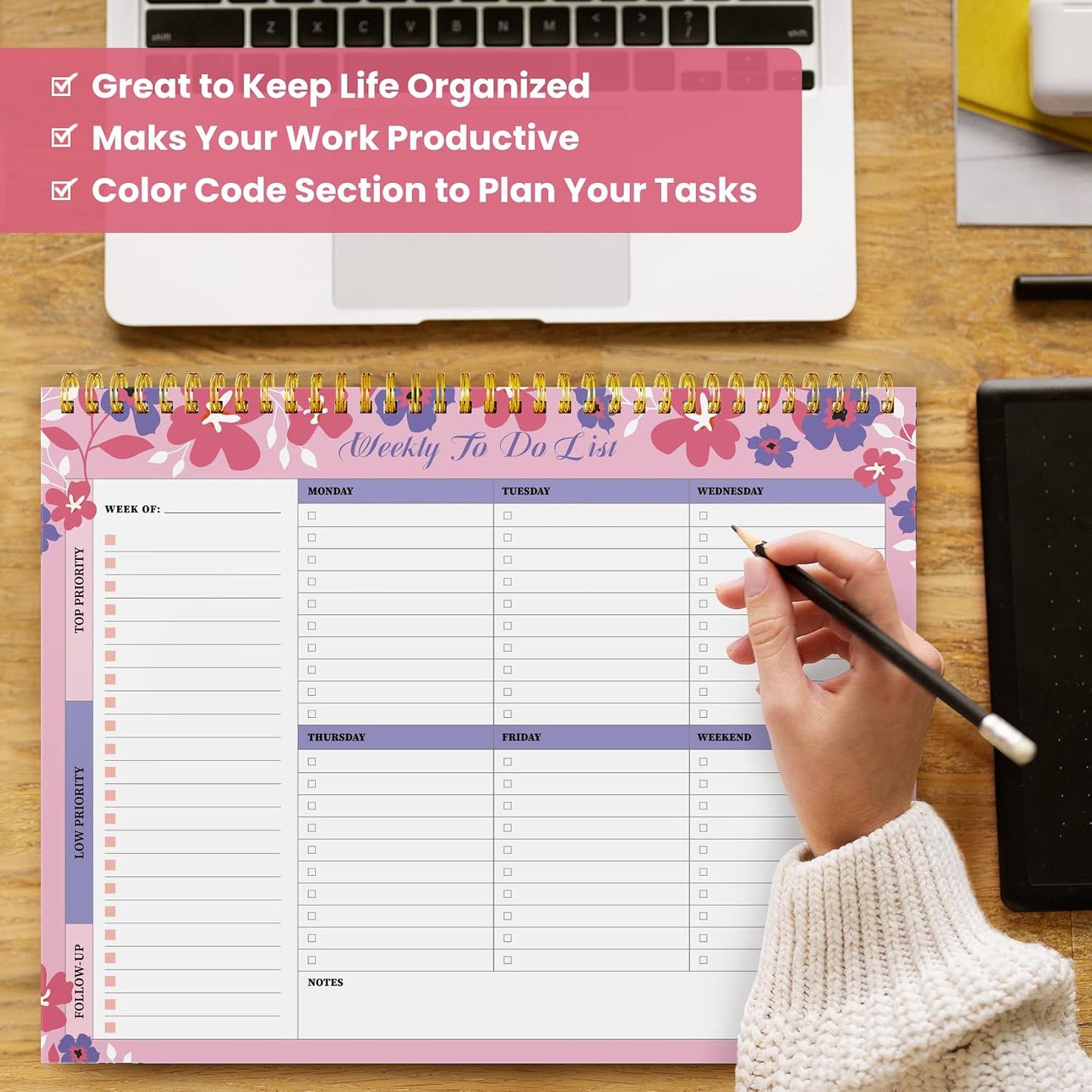 Weekly To Do List Notepad with 52 Undated Sheets（8.5"×11"）- Undated Weekly Planner Notepad for Office Desk Accessories and Supplies - Sunshine Petal