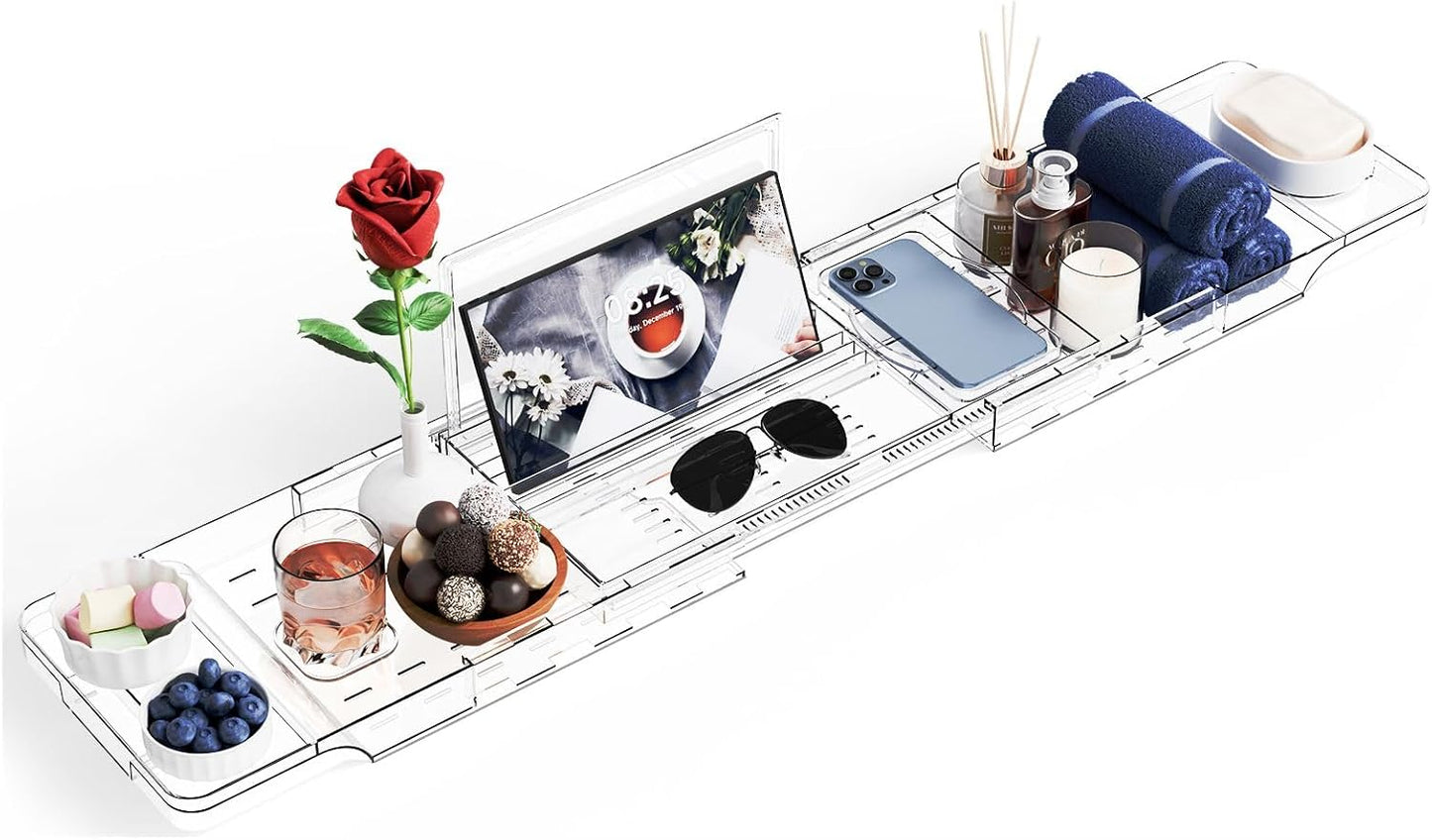 Yieach Luxury Clear Acrylic Bathtub Tray with Book Holder,Expandable Bath Tray for Tub and Bath Shelf Over Tub,Plastic Bath Table & Board,Bath Caddy Trays & Accessories for Women Relaxing Spa Gifts