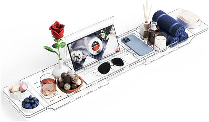 Yieach Luxury Clear Acrylic Bathtub Tray with Book Holder,Expandable Bath Tray for Tub and Bath Shelf Over Tub,Plastic Bath Table & Board,Bath Caddy Trays & Accessories for Women Relaxing Spa Gifts