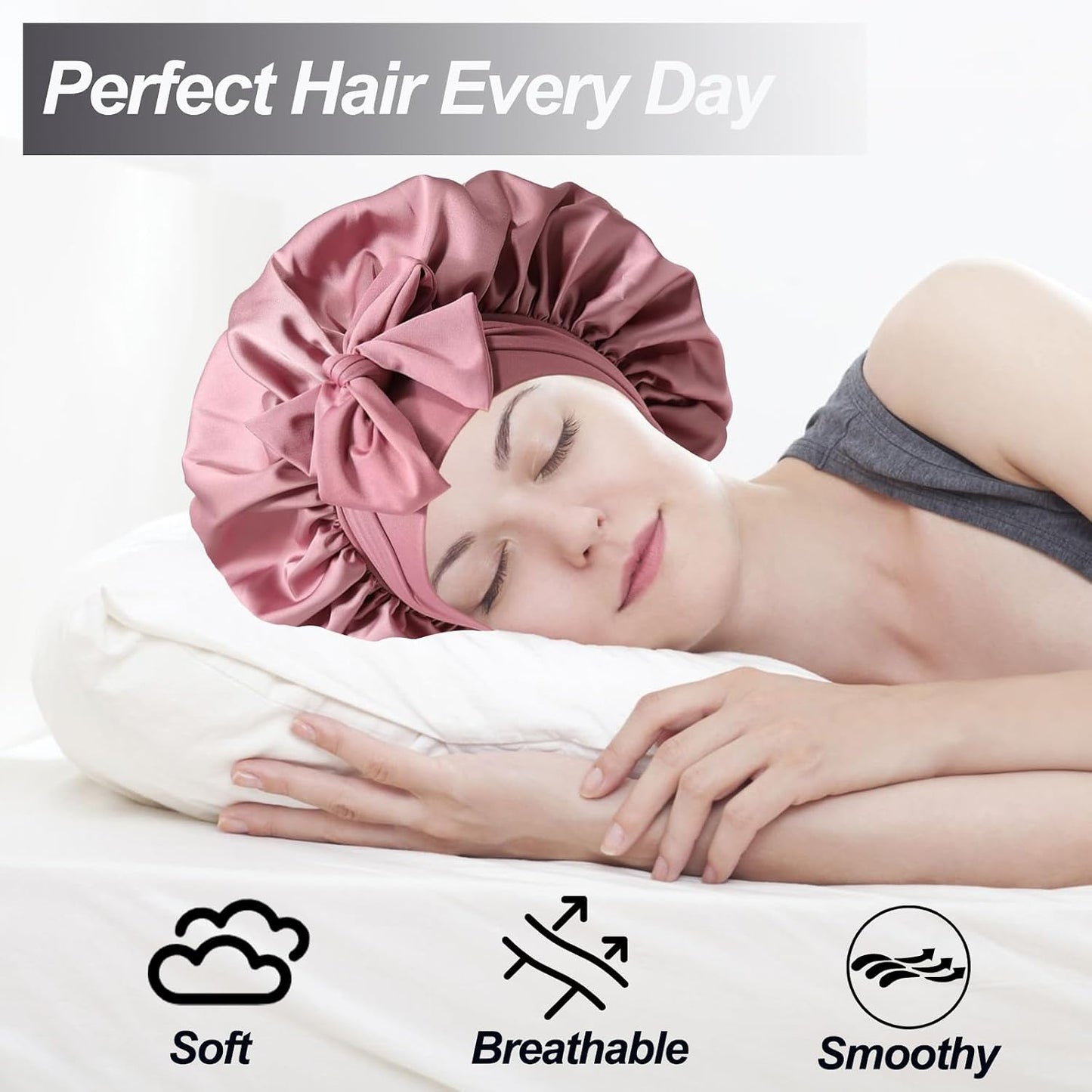 Silk Bonnet Satin Bonnet for Sleeping Large Bonnets with Tie Band Hair Wrap with Adjustable Straps Hair Cap for Women Curly Black