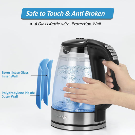 Cool Touch Electric Kettle with 6 Temp Presets for Tea/Coffee