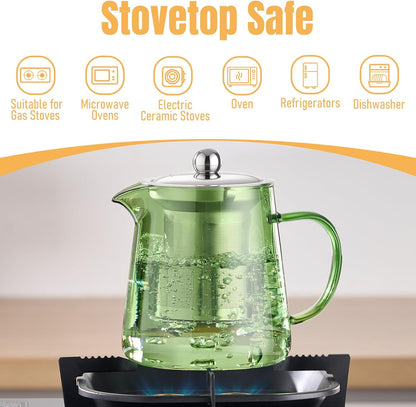 PARACITY Glass Teapot Stovetop 18.6 OZ, Borosilicate Clear Tea Kettle with Removable 18/8 Stainless Steel Infuser, Teapot Blooming and Loose Leaf Tea Maker Tea Brewer for Camping, Travel (550ML)