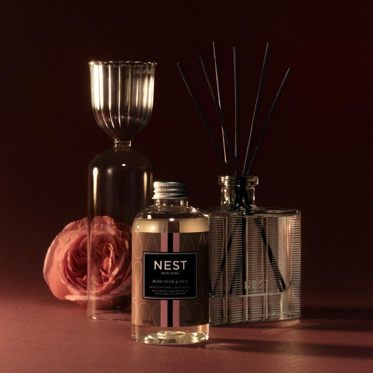 NEST New York Reed Diffuser, Bamboo - 5.9 fl oz - Fragrance for Up to 90 Days - Reusable, Refillable Glass Holder - Includes 8 All-Natural Reed Sticks - Flame Free