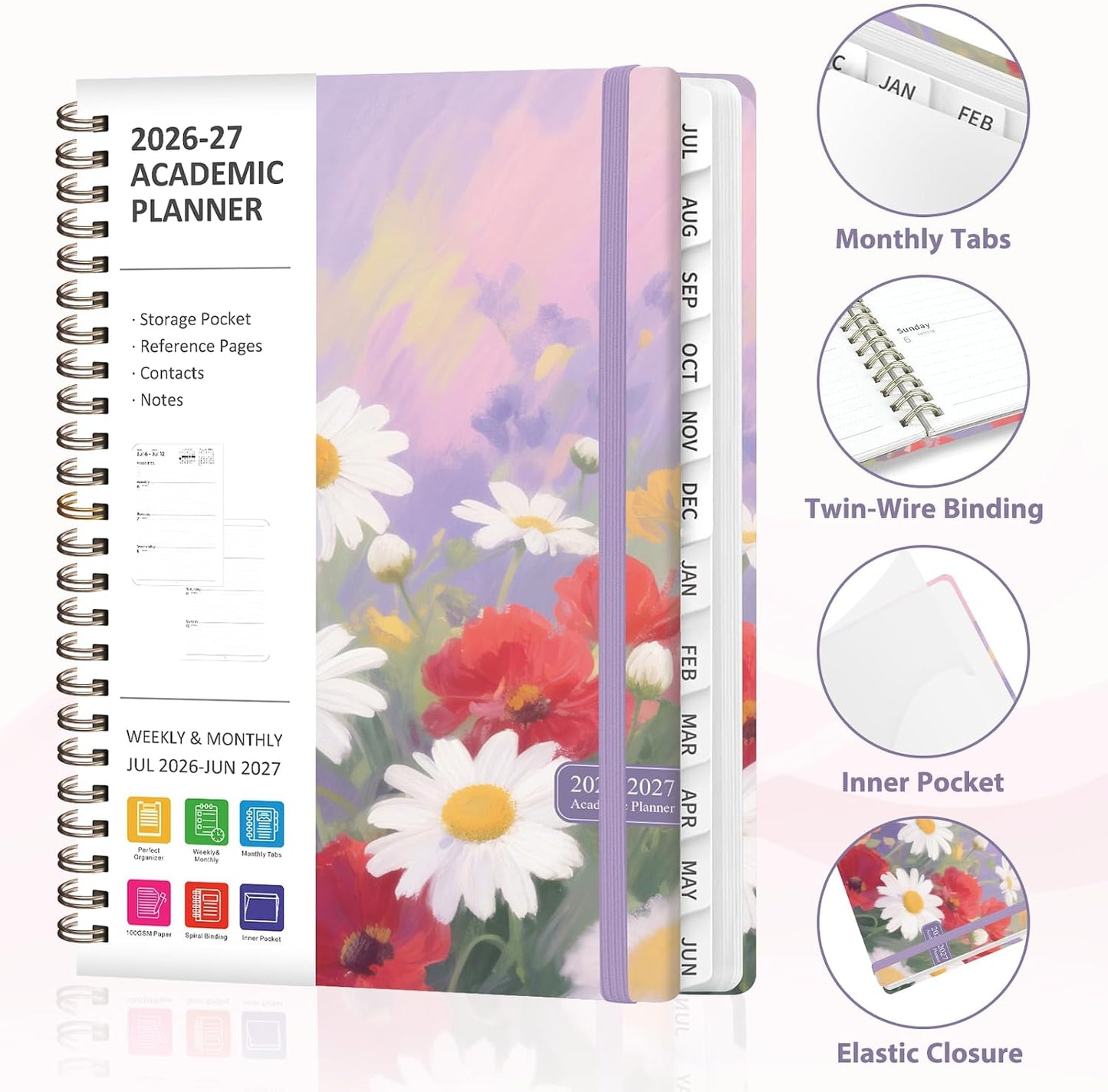 Planner 2026-2027, Weekly and Monthly Calendar Planner, JUL 2026 - JUN 2027 | A5(6.3'' x 8.5''), Hardcover, Agenda Book, Sprial Bound, Inner Pocket, Office and School Use