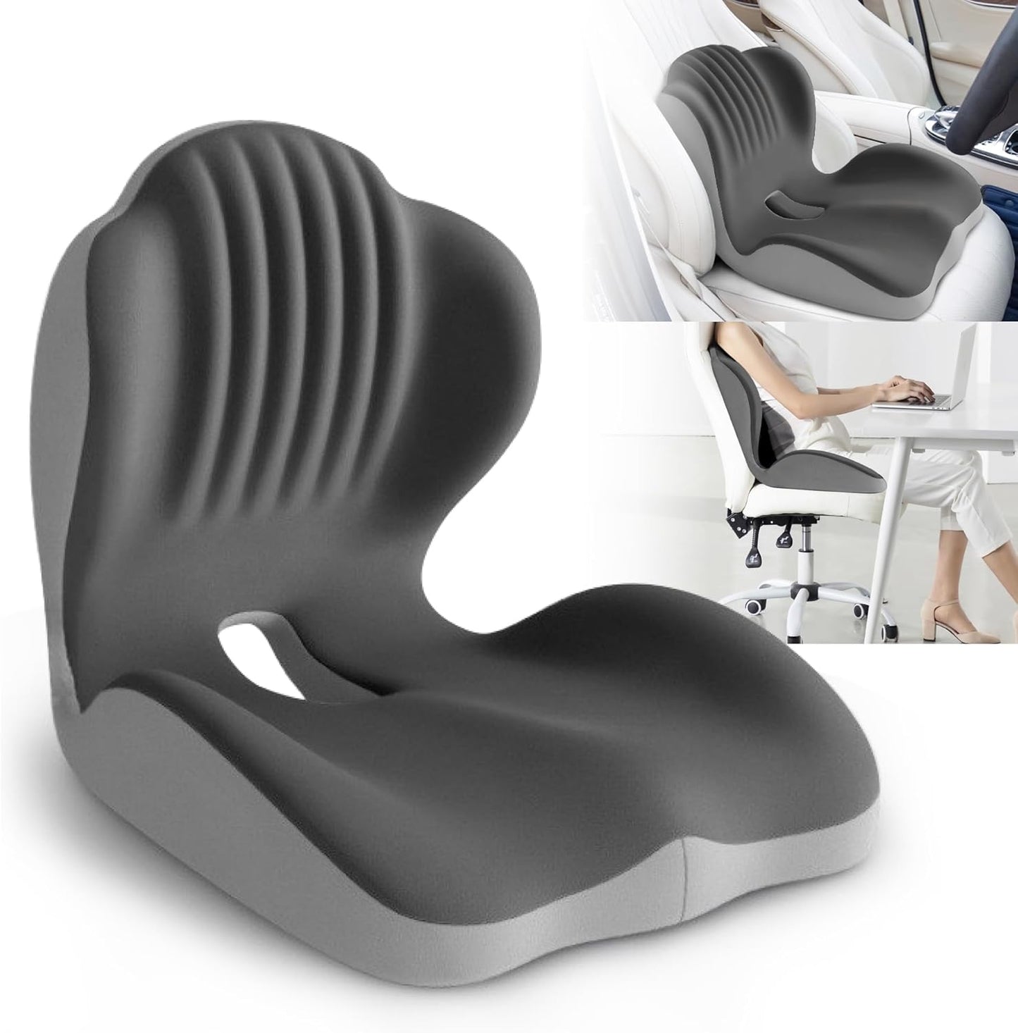 Ergonomic Waist Support and Seat Cushion, 2-in-1 Memory Foam Pad, Hollow Design for Coccyx, Suitable for Office Chairs, Car Safety Seats and Household Use - Relieves Lower Back and Hip Pain (Grey)