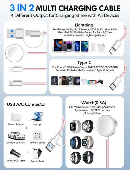 Travel Essentials for Apple Watch Charger,3-in-2 Multi Charging Cable