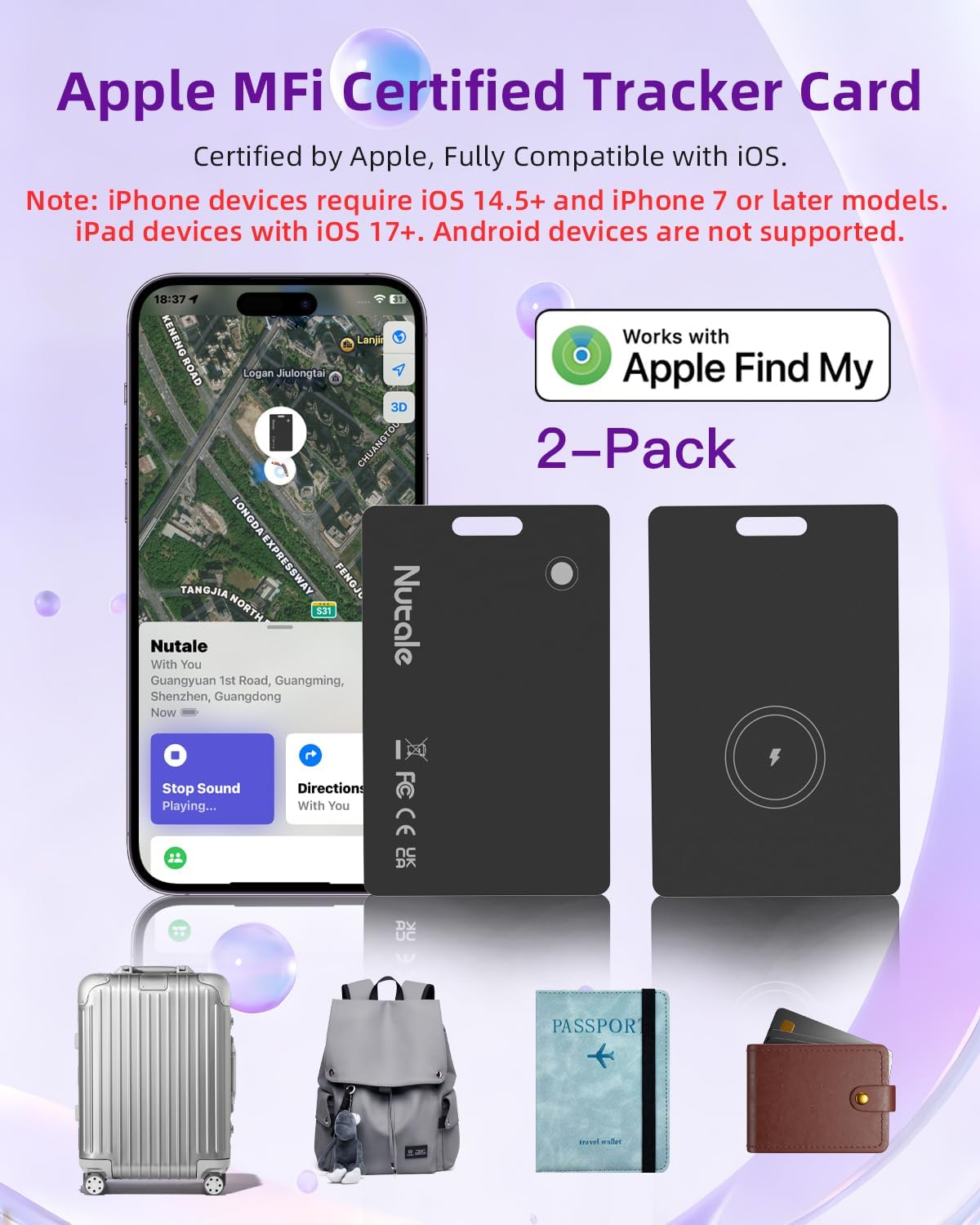 Rechargeable Wallet Tracker Tag Card, Works with Apple Find My