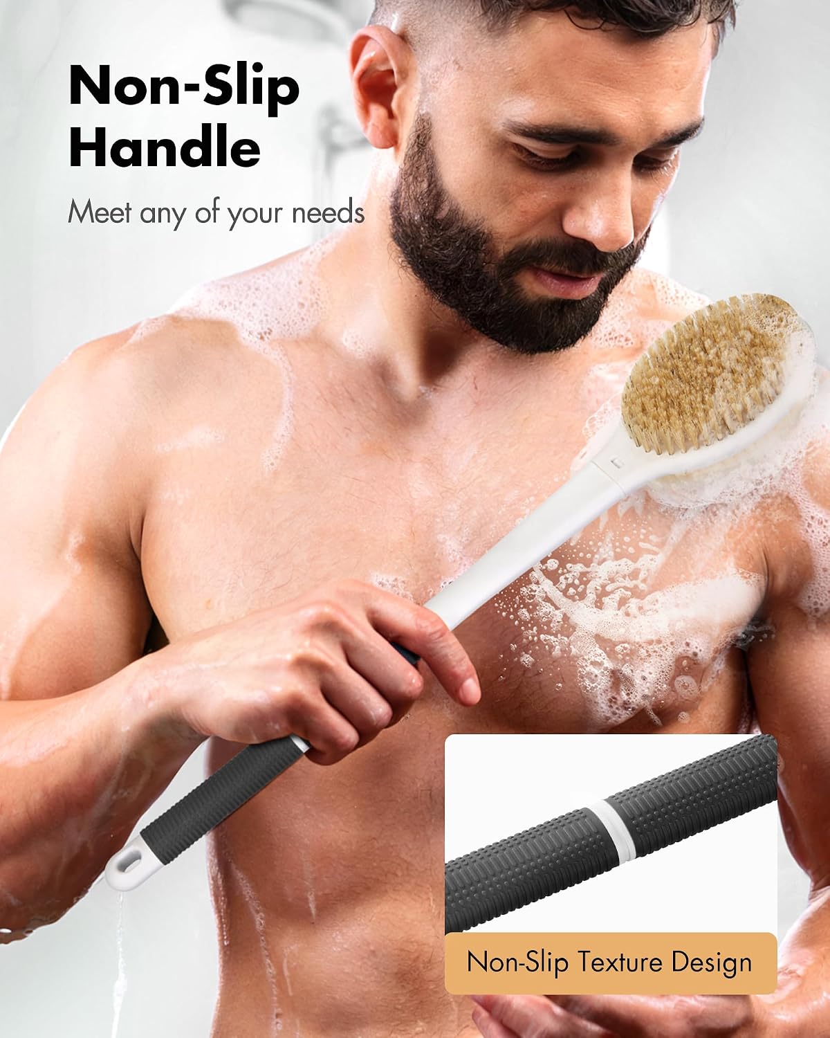 Dry Brushing Body Brush for Massage - Natural Boar Bristle Exfoliating Brush with Massage Nodes for Lymphatic Drainage, Cellulite, Blood Circulation Improving Skin Health for Women Men Elderly(Grey)