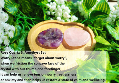 2PCS Worry Stone for Anxiety Tigers Eye Amethyst Healing Crystals Hand Thumb Stones Pocket Gemstones Meditation Accessories Oval Crystal Natural Relax Palm Stone Anxiety Relief Items Stocking Stuffers