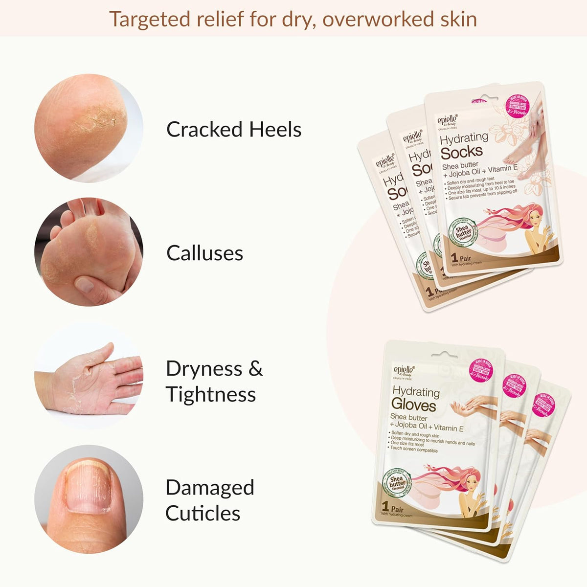 Epielle Hydrating Foot Mask 6 Pairs, Relieve and Soften with Shea Butter & Jojoba Oil, Deep Moisturizing Socks for Dry, Cracked Feet, Self Care Gifts for Women, Spa Kit