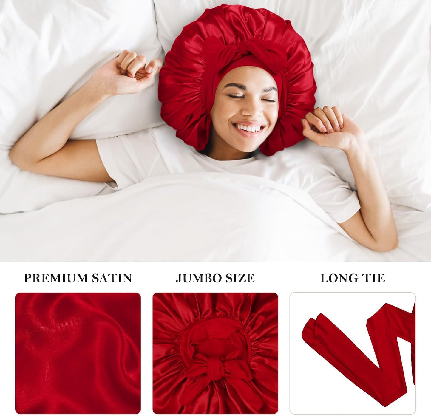 3Pcs Bonnets for Sleeping, Extra Satin Silk Bonnet for Sleeping Women with Tie Band for Curly Hair Jumbo Bonnet Braids