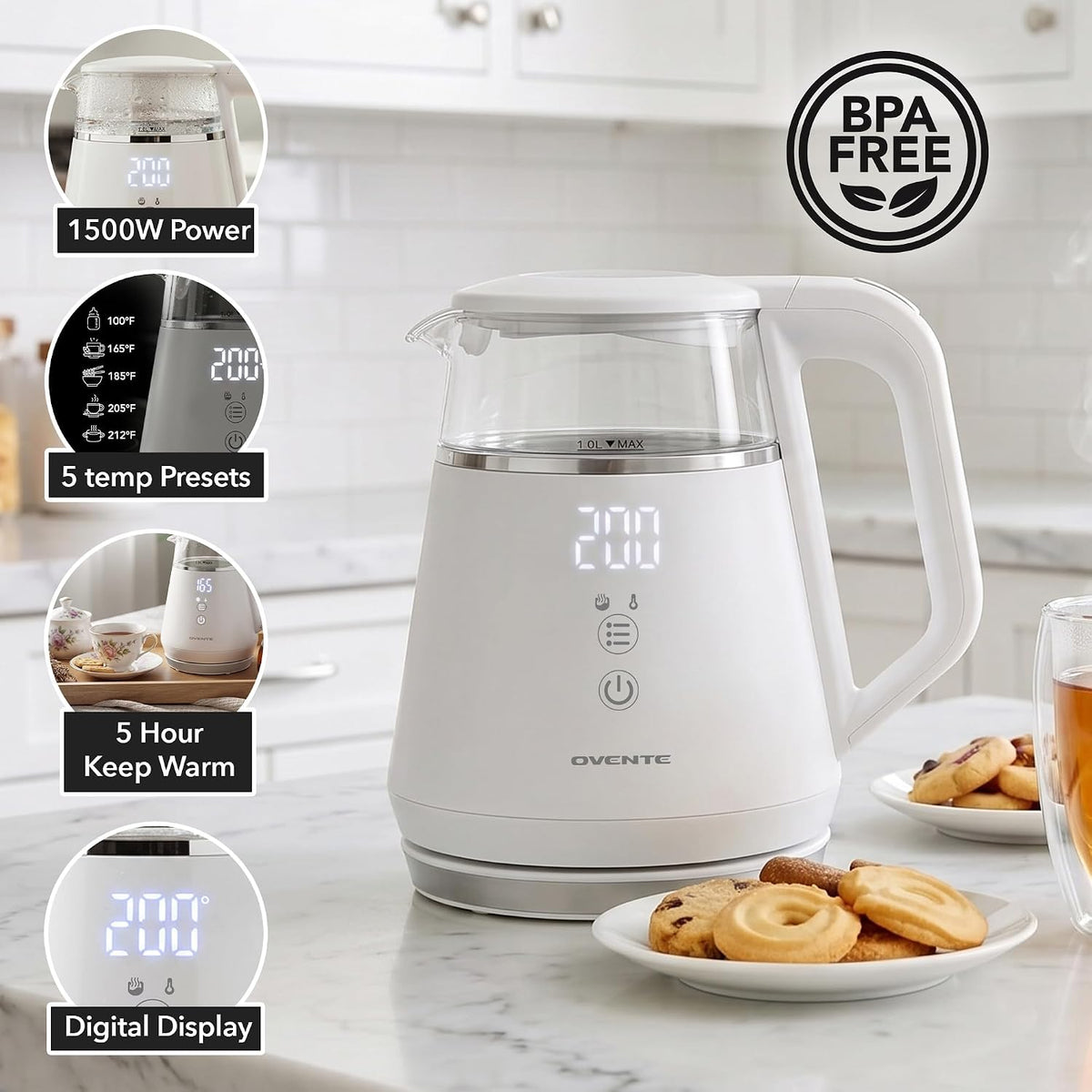OVENTE 1L Electric Kettle with Temperature Control, 1500W, Black KD95B