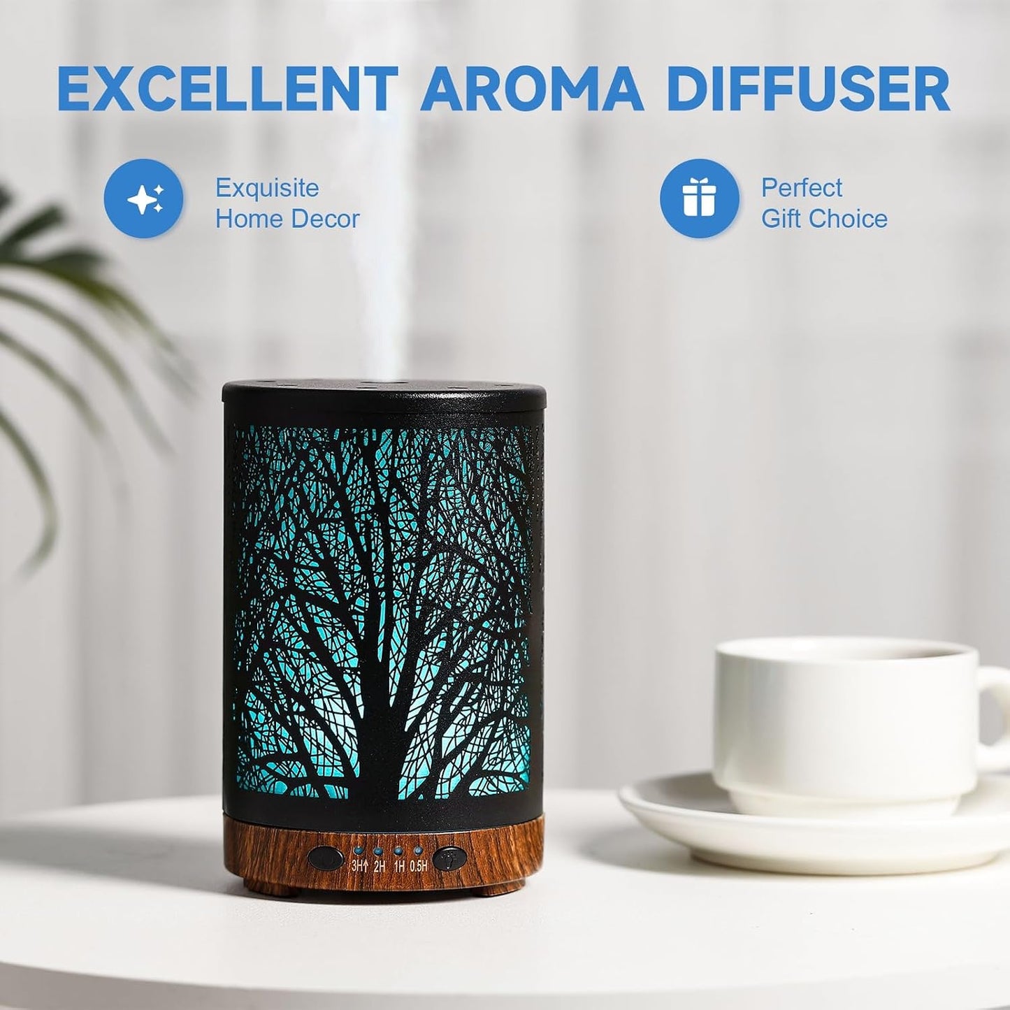 Essential Oil Diffuser 120ML Metal Aromatherapy Diffuser with Timer, Cool Mist Humidifier with Auto Shut-Off & 7 Color Lights for Home Office Spa (Tree)