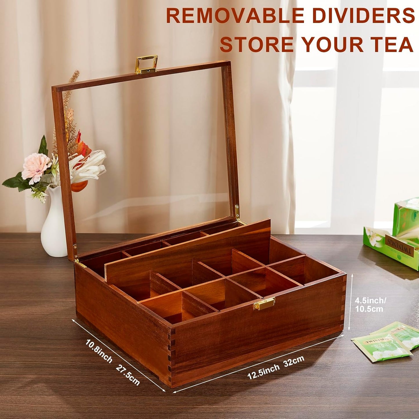HouseJoy Tea Bag Organizer, Acacia Wood Tea Storage Box, 12 Compartments Tea Bags Storage Drawer with Clear Glass Window, Tea Bag Holder for Countertop Kitchen Cabinet Pantry - Keeps Tea Bags Fresh
