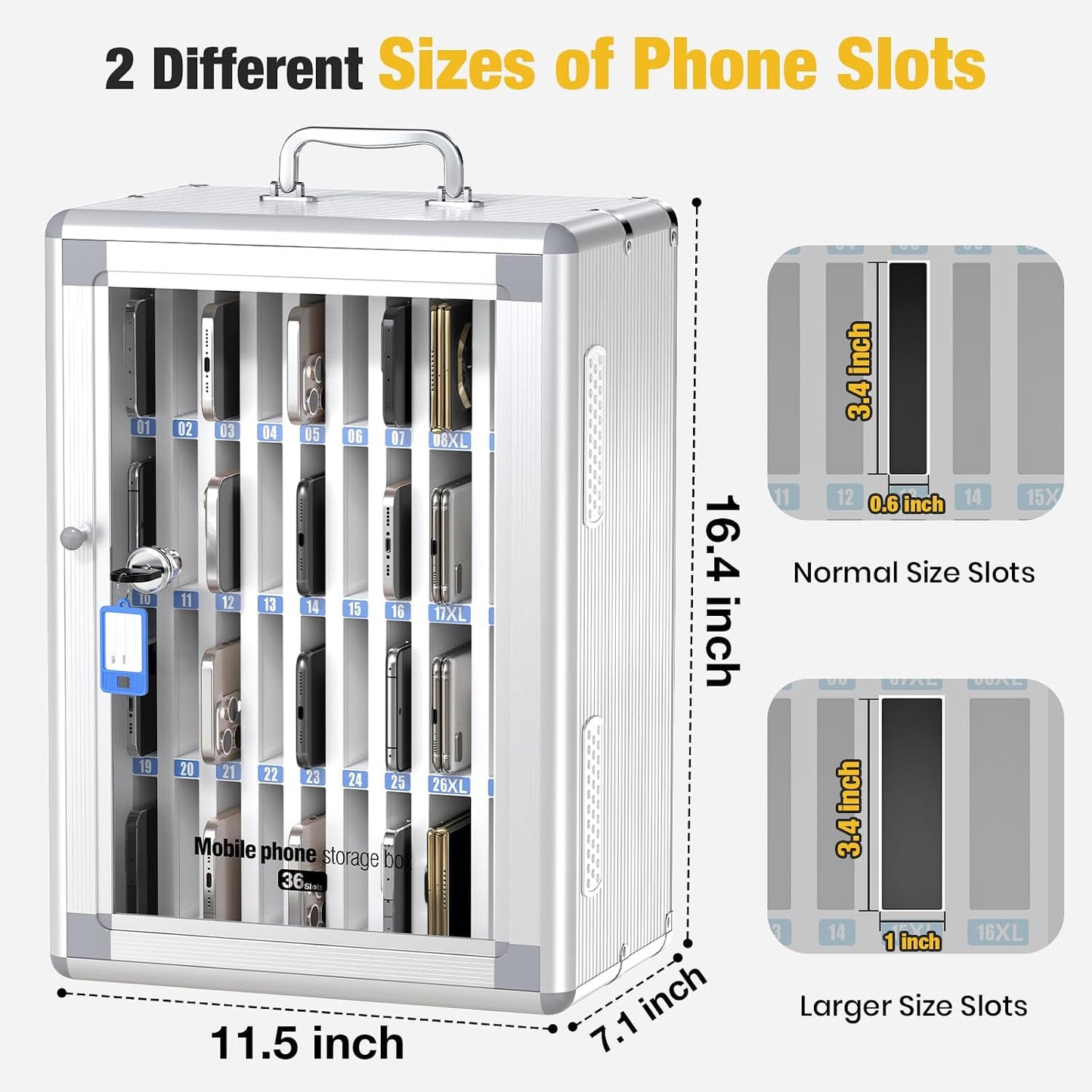 Glosen 24 Slots Cell Phone Locker, Portable Phone Storage Cabinet [Wall Mounted] [Aluminum Alloy] Cellphone Lock Box with Key & Handle for School Classroom Office Exam (Black)
