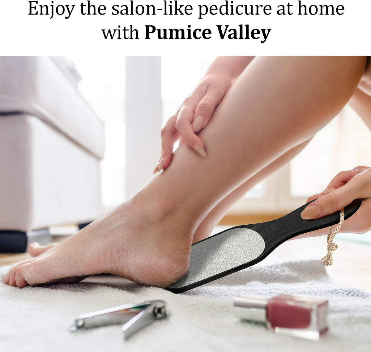 Pumice Stone Foot File - Wooden Pedicure Feet Scrubber with Handle for Callus, Dry, and Dead Skin Removal - Heel Scraper for Feet, Hands, and Body - Foot Filer for Use in Shower