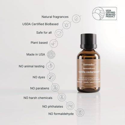 Homedics Waterless Essential Oil Diffuser with 15ml Vanilla Cedarwood Fragrance Oil. SereneScent Cordless Cold Air Scent Diffuser Starter Kit with Ambient Light, Studio 671 (White)