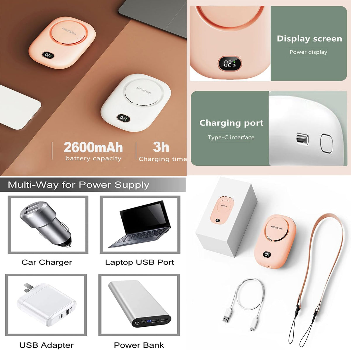 AOCOOLFAN Portable Neck Fan, Mini Small Personal Handheld Fan USB Rechargeable 3 Speed for Girls Boys Woman Eyelash Travel Home Office Outdoor (White)