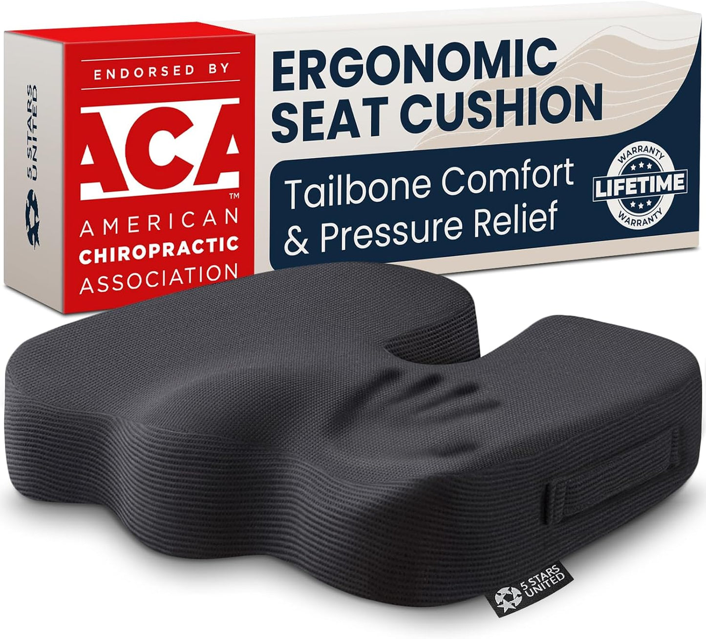 5 STARS UNITED Seat Cushion - Memory Foam Chair Cushion for Tailbone Pain Relief - Ergonomic Support for Coccyx, Sciatica & Butt - Office, Desk & Gaming Chair, Car Seat, Wheelchair, Black Suede