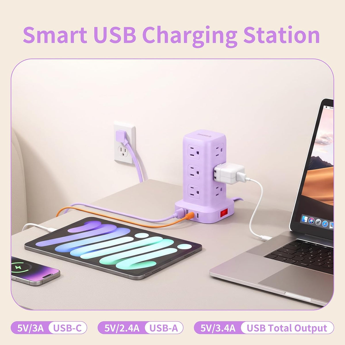 Extension Cord with Multiple Outlets, SMALLRT Power Strip Tower, Outlet Extender with 12 AC Outlets 4 USB, 6.5FT Extension Cord for Home Dorm Room, Office Supplies,Overload Protection