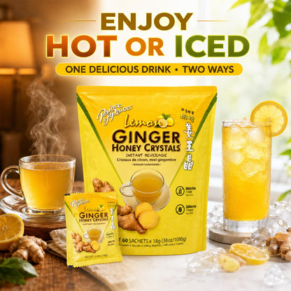Prince of Peace Instant Ginger Honey Crystals with Lemon, 60 Sachets – Instant Hot or Cold Beverage – Easy to Brew – Drink Like a Tea – Caffeine and Gluten Free – Real Ginger