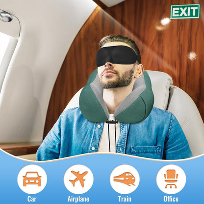CloudBliss Travel Pillow for Airplane, Memory Foam Neck Pillow for Travel, Compact Flight Pillow with Eye Mask, Earplugs, Carry Bag, Travel Neck Pillow for Long Flight Sleep, Plane Accessories, Black