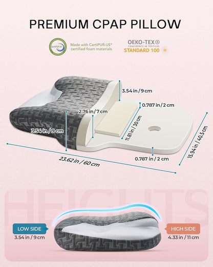 Elviros CPAP Pillow for Side Sleeping, Sleep Apnea Memory Foam Pillow for All CPAP Masks Users to Reduce Air Leaks & Masks Pressure, Adjustable Height with Cooling Breathable Cover (Grey)