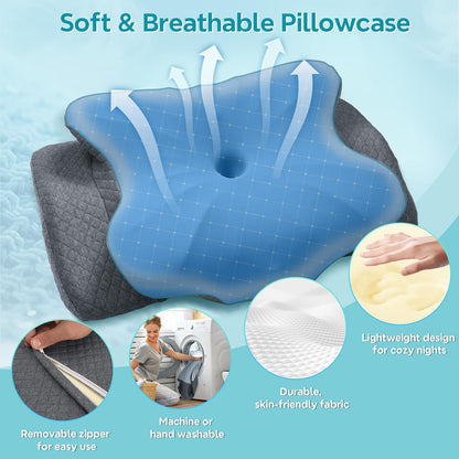Cervical Pillow for Neck Pain Relief, Ergonomic Pillow for Side Sleeper, Memory Foam Neck Support for Back Stomach Sleepers, Cooling Breathable Orthopedic Contour Pillows for Sleep Apnea Snore, White