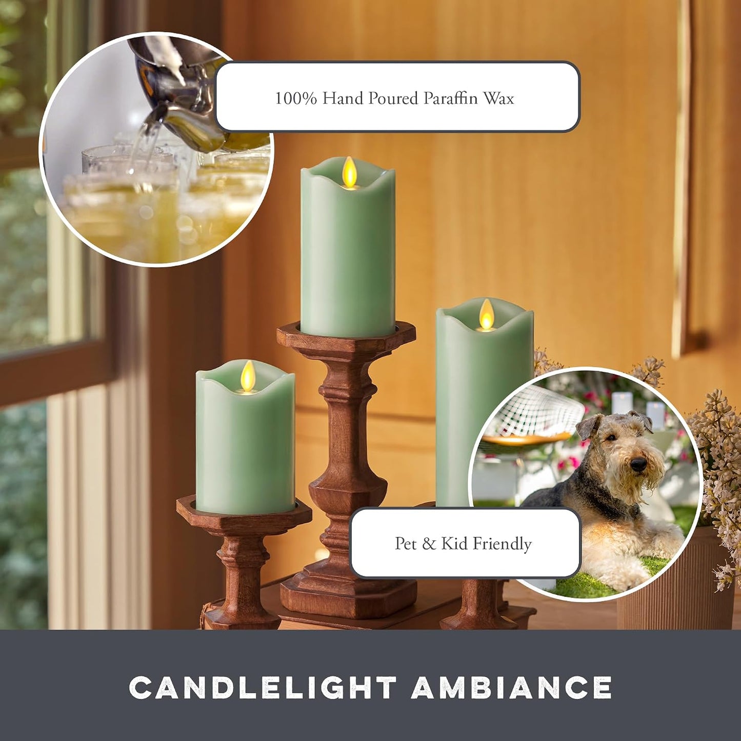 Matchless Candle Co. by Luminara Set of 3 Flameless LED Pillar Candles, Real Wax, Moving Flame (3x4.5, 3x5.5, 3x6.5 Inch, Unscented)