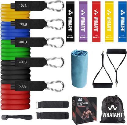 WHATAFIT Resistance Bands, Exercise Bands, Workout Bands with Handles, Door Anchor and Ankle Straps, 5 Resistance Levels Fitness Bands for Strength Training, Physical Therapy, and Home Gym Equipment