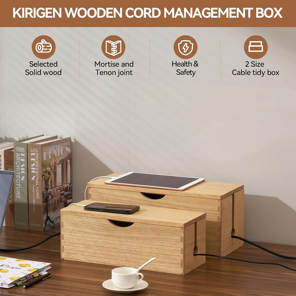 KIRIGEN Wooden Cable Management Box Set of 2, Cord Organizer, Natural
